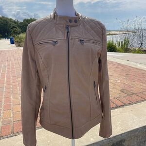 Cavalini Y2K vegan leather tan camel zip front moto jacket. Size large.